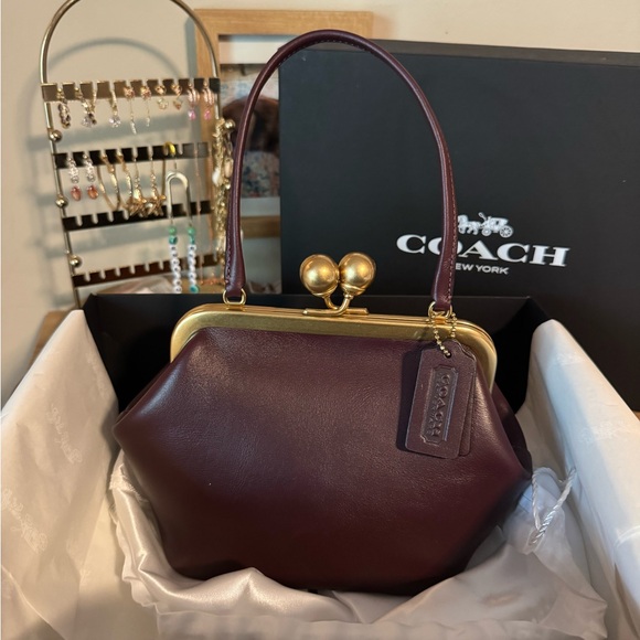Coach Kisslock Frame Bag 16 in Brass/Black Currant Glovetanned Leather NWT - Picture 1 of 16